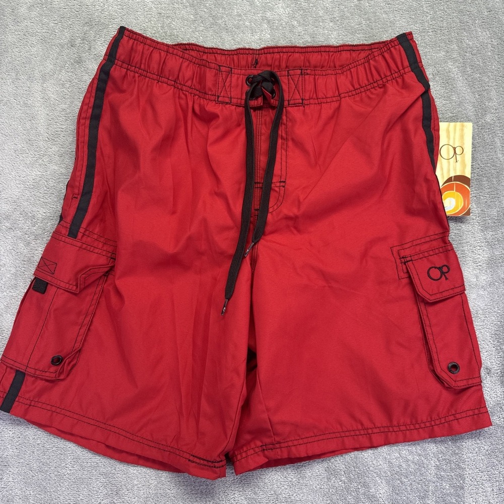 NWT OP Ocean Pacific Men's Size Medium 32-34 Red Swim Board Shorts Cargo Pockets